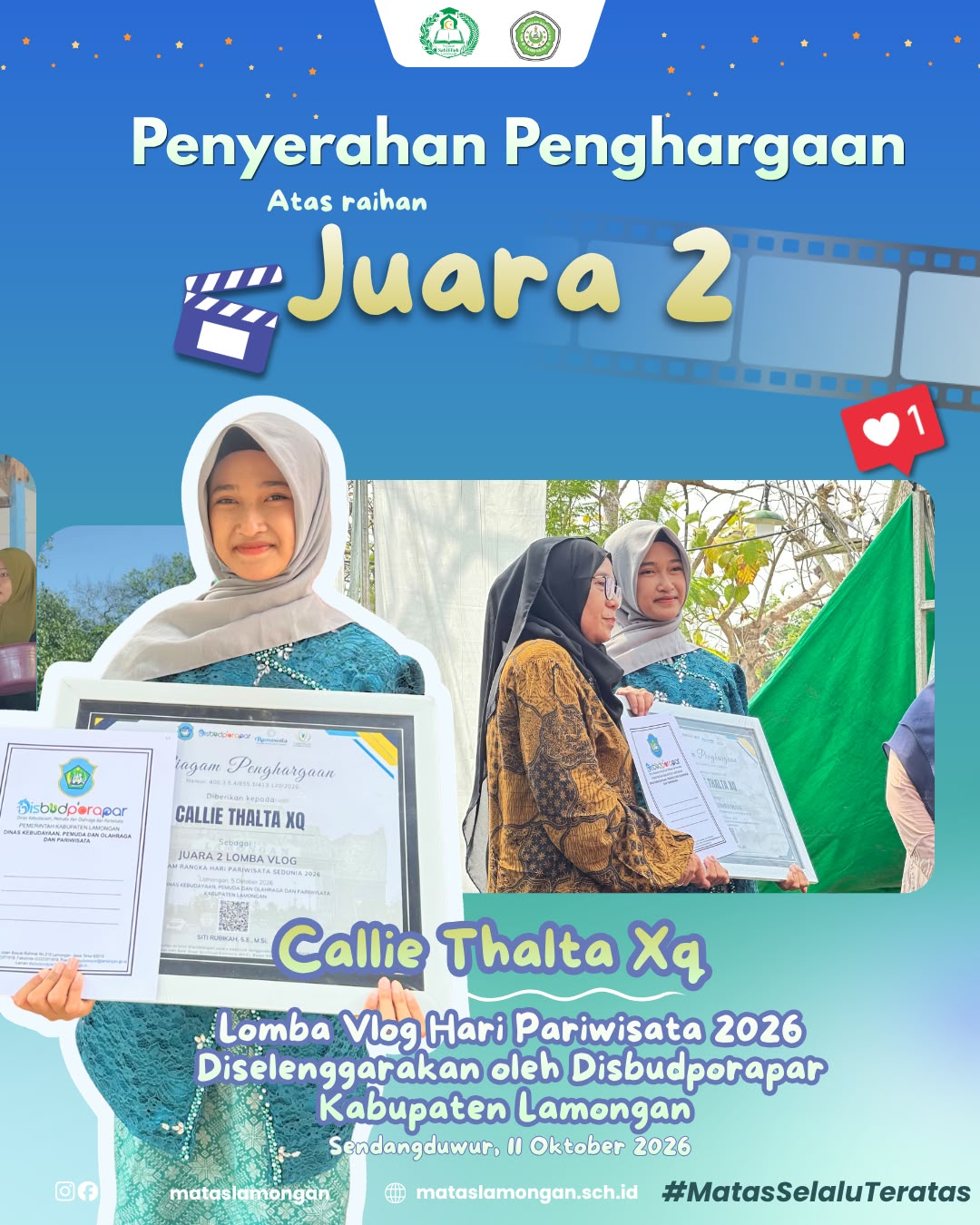 Juara 2 Lomba Vlog Hari Pariwisata Disbudporapar Lamongan 2026